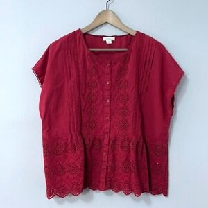 Sundance Top Women PL Petite Large Red Embroidered Eyelet Blouse Button Front